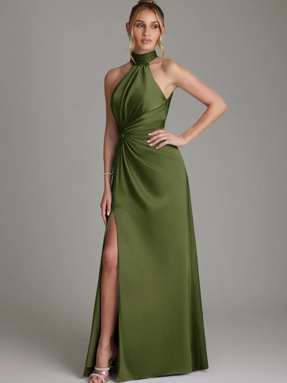 Azazie Gracelynn Stretch Olive Sheath Pleated Stretch Satin Dress
